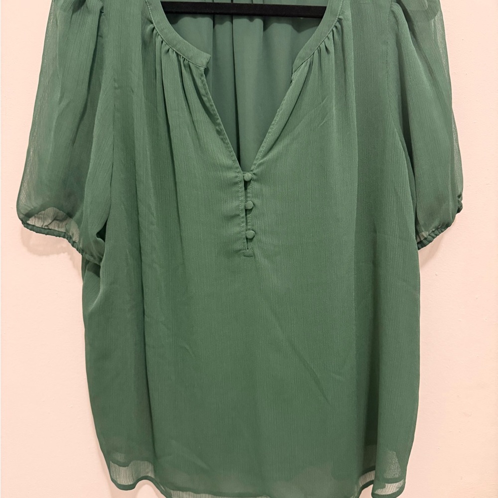 LOFT Hunter Green Puff Sleeve Blouse with Covered Buttons